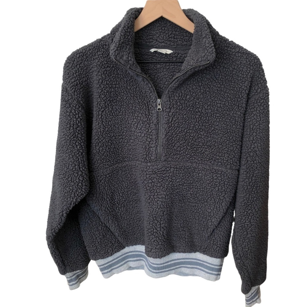 American Eagle Teddy Fleece Fuzzy Sherpa Jacket Half Zip Sweatshirt Gray Stripes